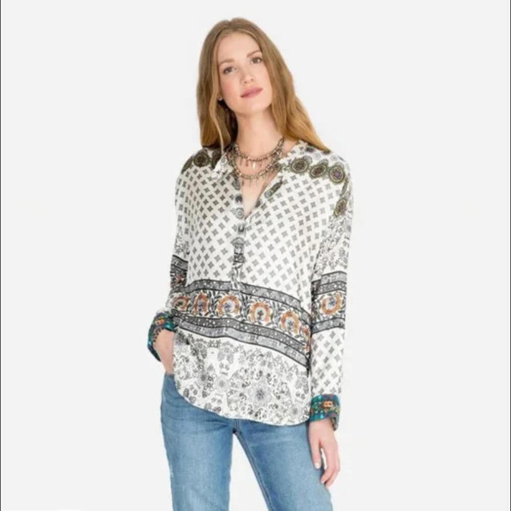 SOLD!!!!!NWT JOHNNY WAS Embroidered COREY BOXY TOP  Silk Blouse Button L Large